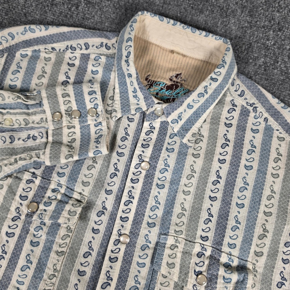 Scully Western Pearl Snap Shirt Mens Medium Blue Paisley Stripe Embroidered Knit
